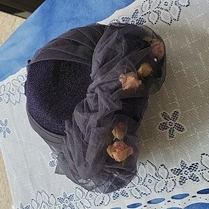 Vintage Dark Blue Hat with Floral Accents and Hat Pin